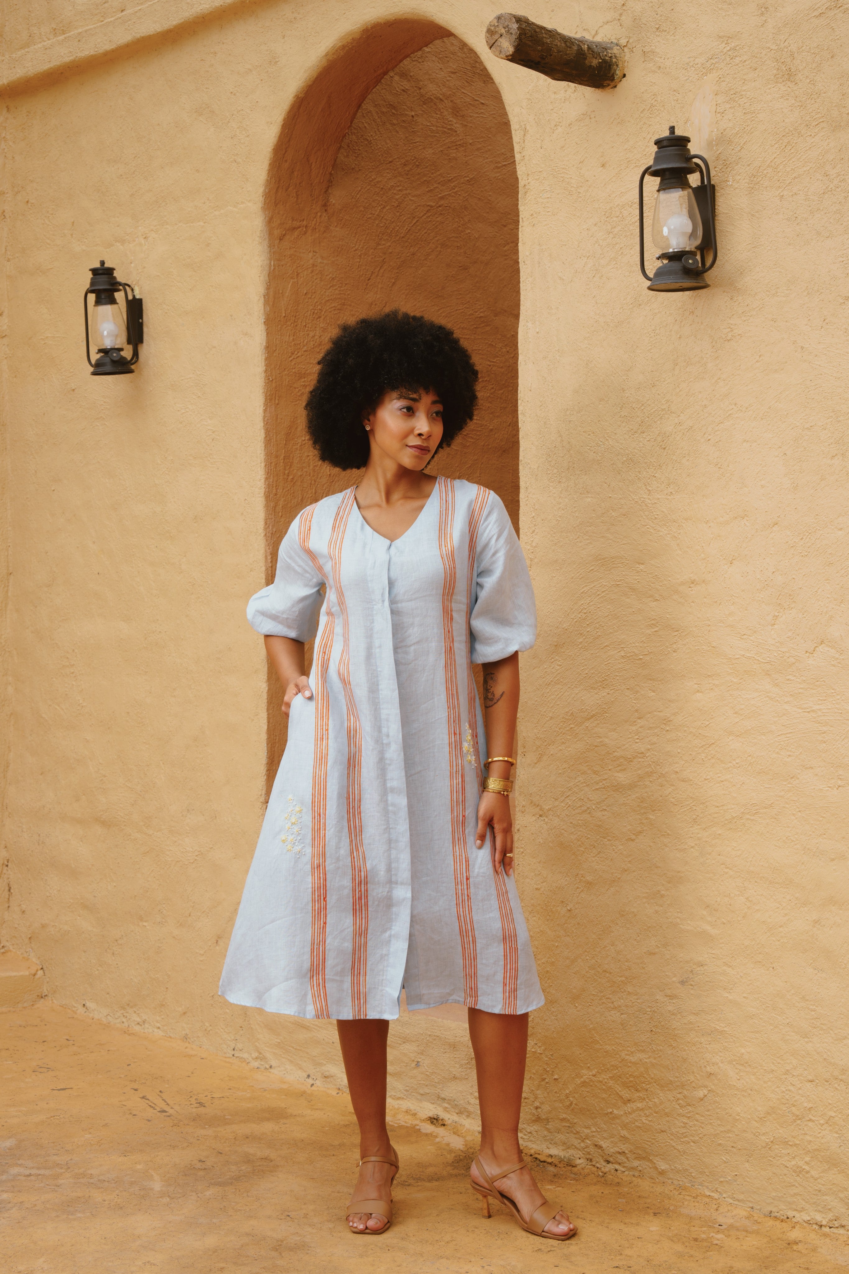 Rhea - Powder Blue Stripe Dress