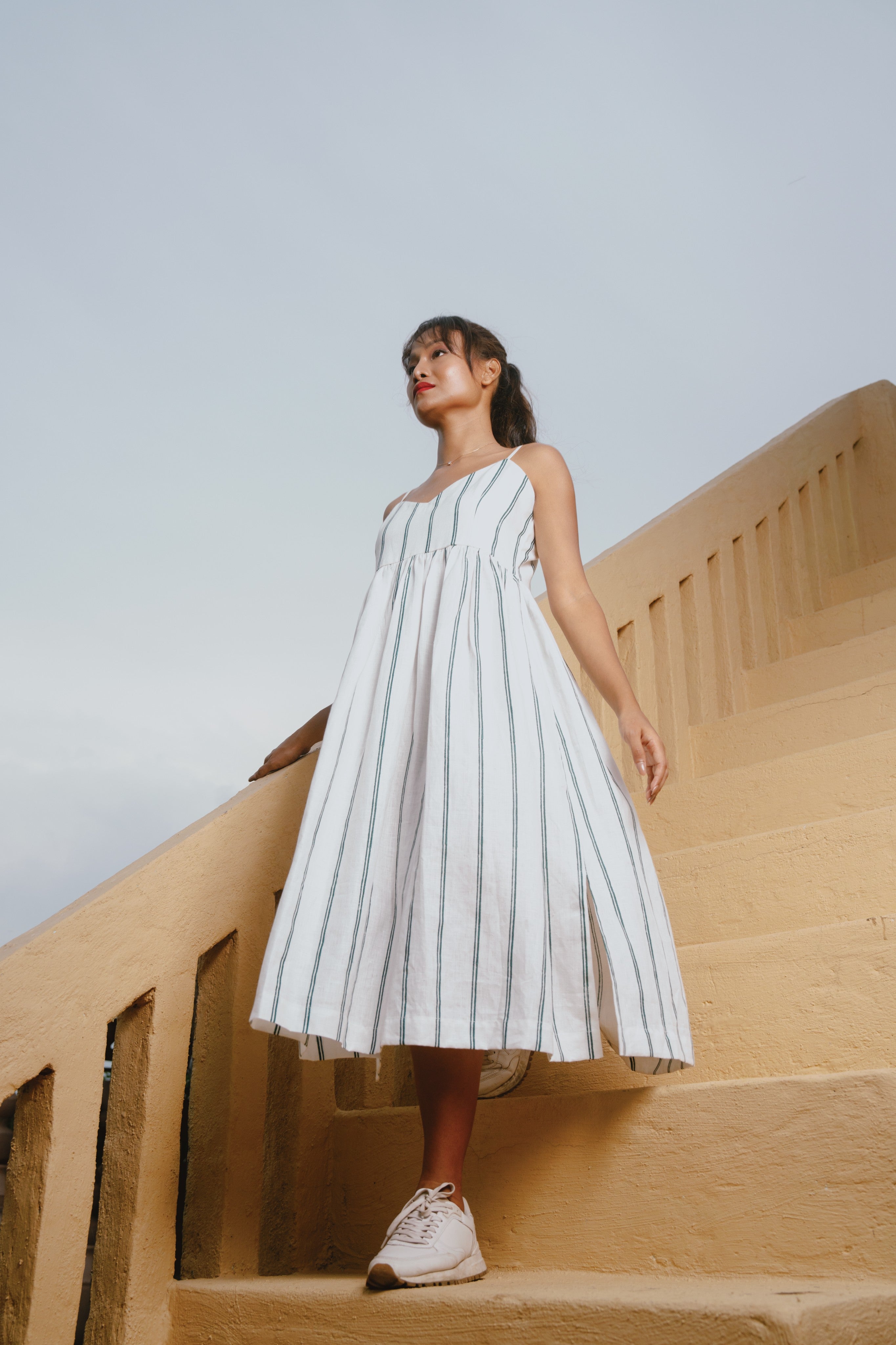 Orra - White & Teal Stripe Strappy Dress