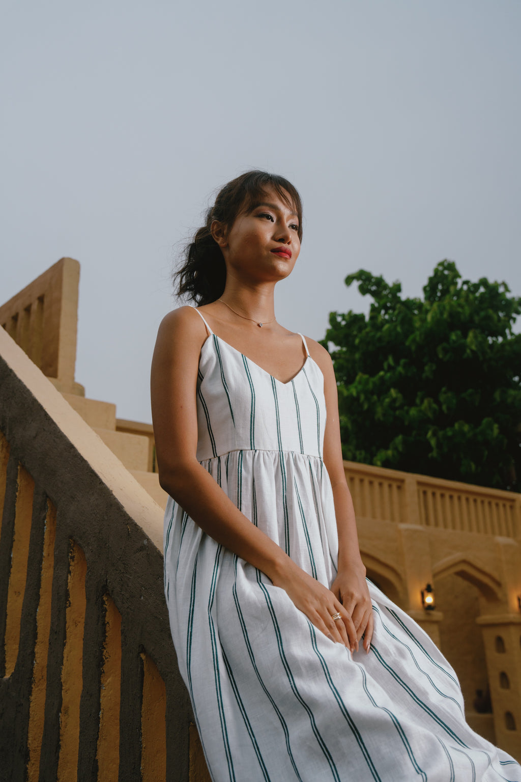 Orra - White & Teal Stripe Strappy Dress