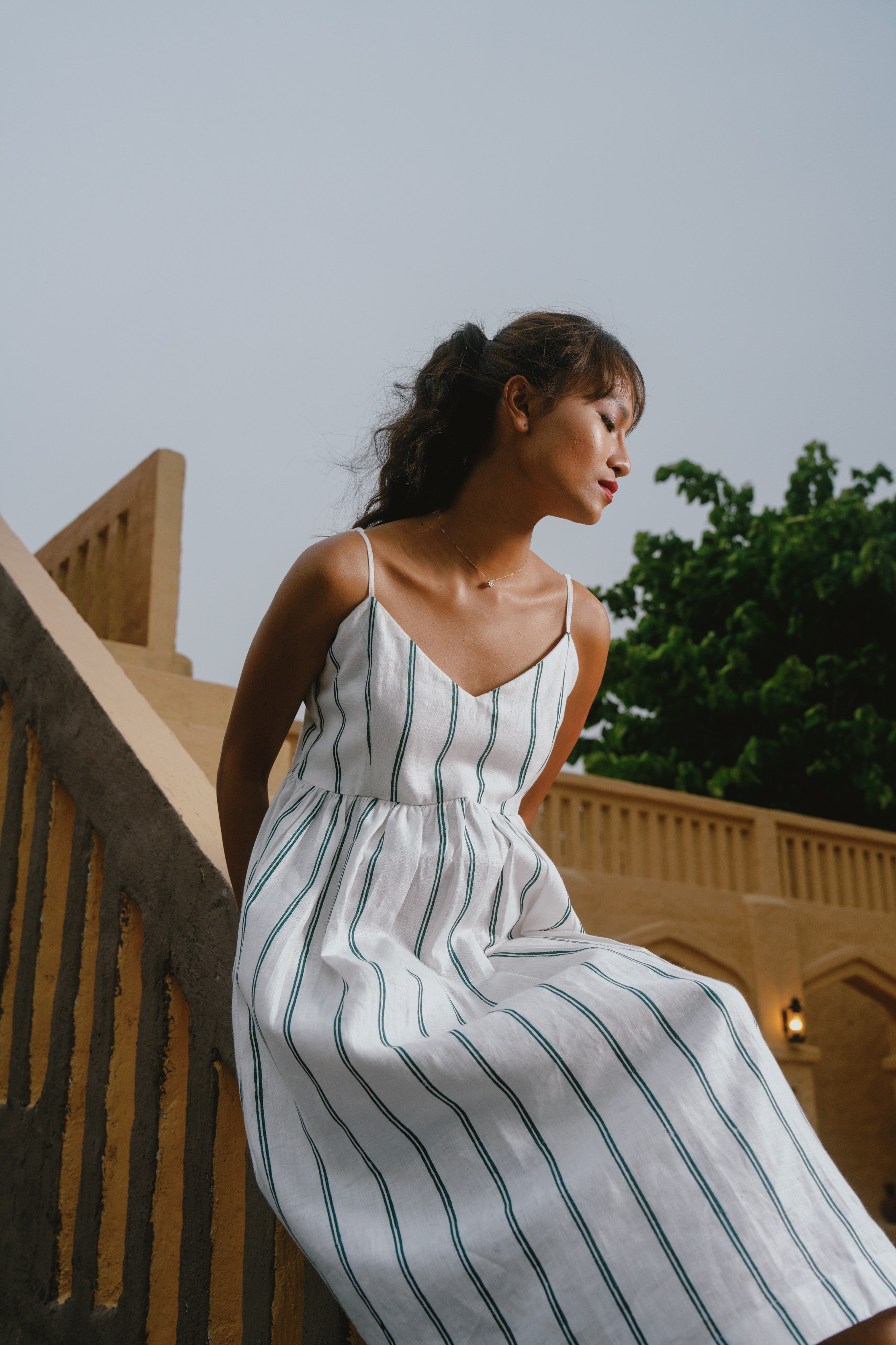 Orra - White & Teal Stripe Strappy Dress